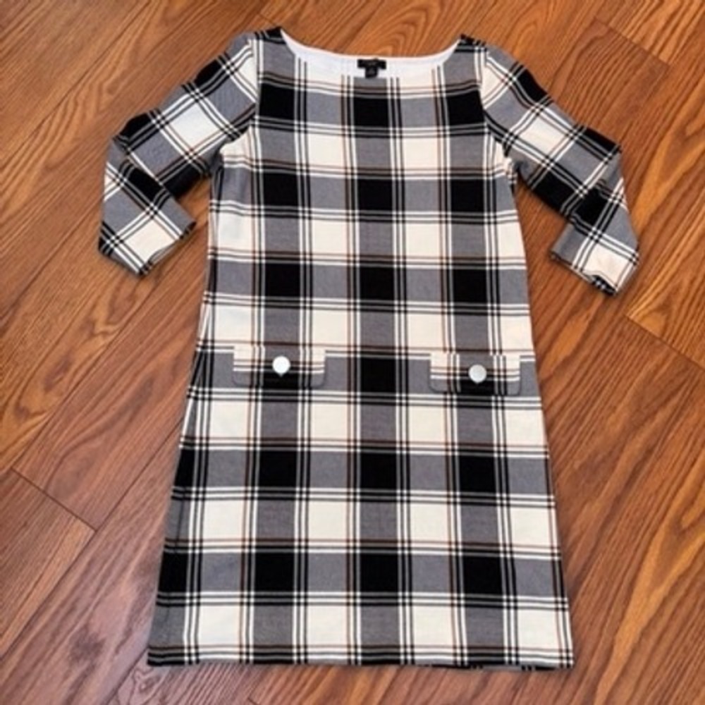 Ann Taylor Factory Petite Plaid Shift Dress Black White Tan XSP 544454
